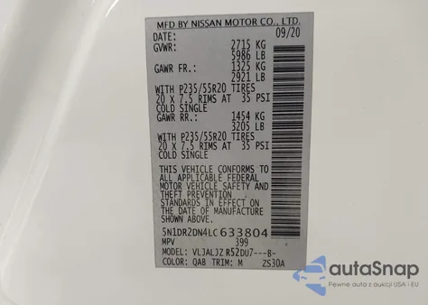 2020 Nissan Pathfinder Platinum 2Wd from USA, damaged, VIN 5N1DR2DN4LC633804